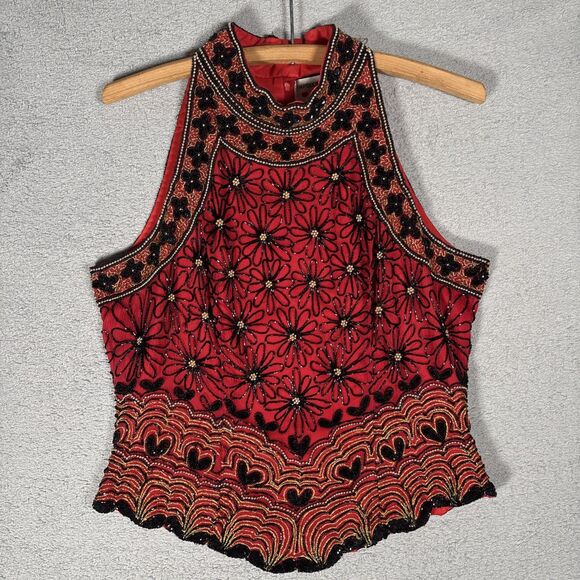 Papell Boutique Tops - Papell Boutique Halter Top Women’s Size L Red Silk Dark Fairy Romantic Goth Vamp